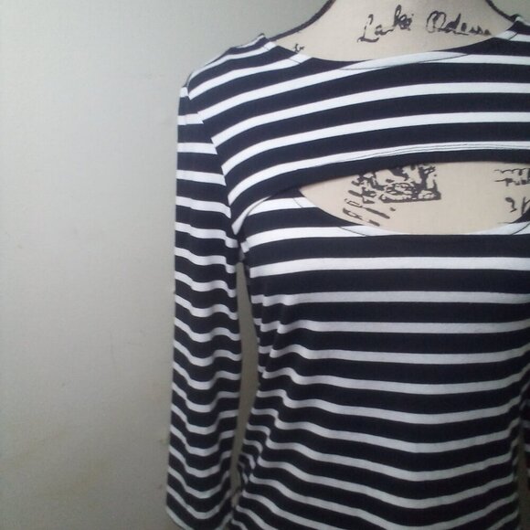 Verve Ami Shirt Women M 3/4 Sleeve Cut-Out Stripe Black White - Picture 5 of 16